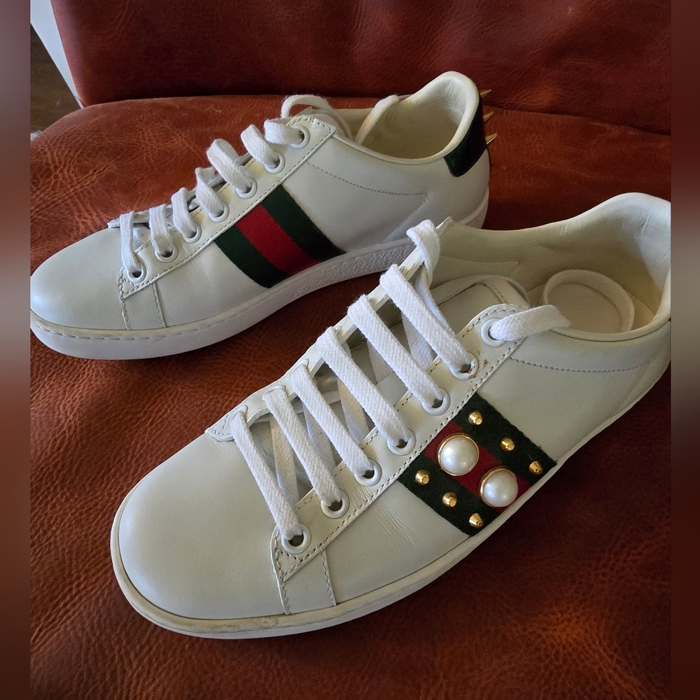 Gucci Ace Studded Leather Trainers with Signature Gucci Green and Red Accents